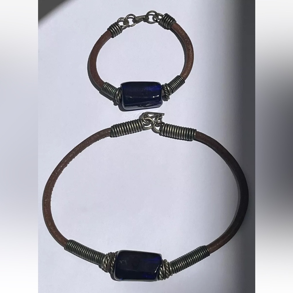 cobalt blue glass Leather Necklace And Bracelet Set Vintage